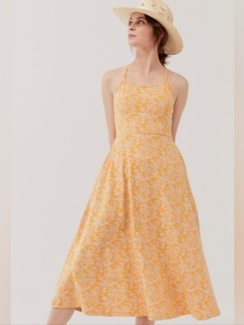 Pact Fit & Flare Midi Dress Floral Yellow White Organic Cotton Sleeveless Size S
